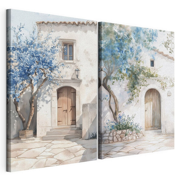 Aquarellbild eines Hauses mit einer Tür und einem Türrahmen Modularer Leinwanddruck Aquarellbild eines Hauses mit einer Tür und einem Türrahmen