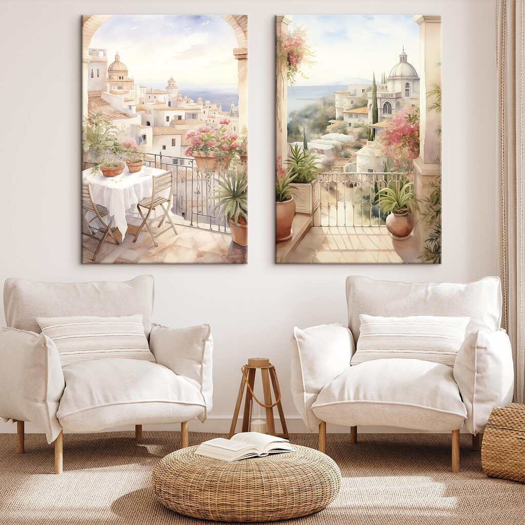 Painting of a balcony with a table and chairs and a balcony with a view of a town Painting of a balcony with a table and chairs and a balcony with a view of a town