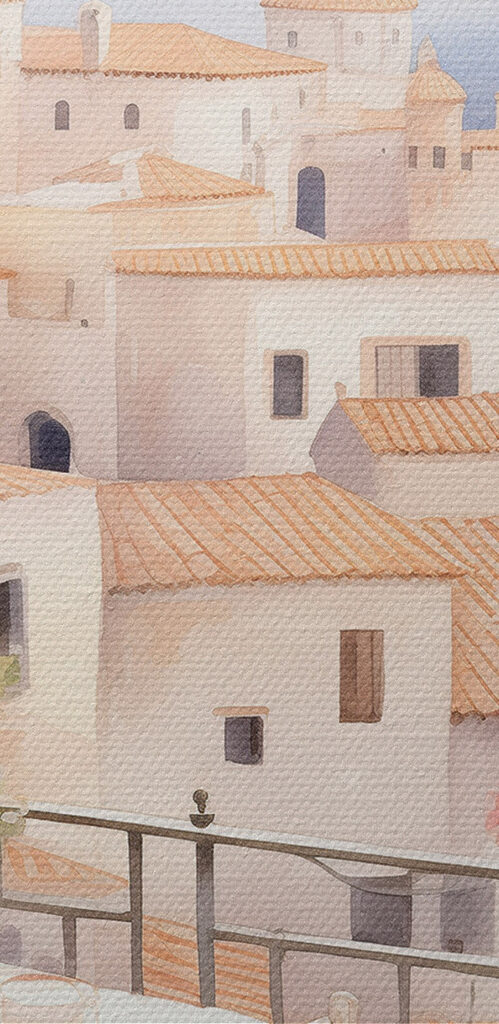 Painting of a balcony with a table and chairs and a balcony with a view of a town Painting of a balcony with a table and chairs and a balcony with a view of a town