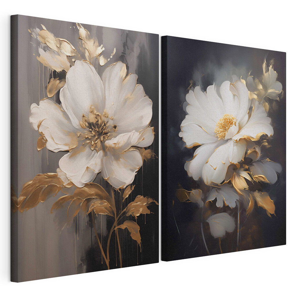 Two paintings of flowers on a black background Two paintings of flowers on a black background