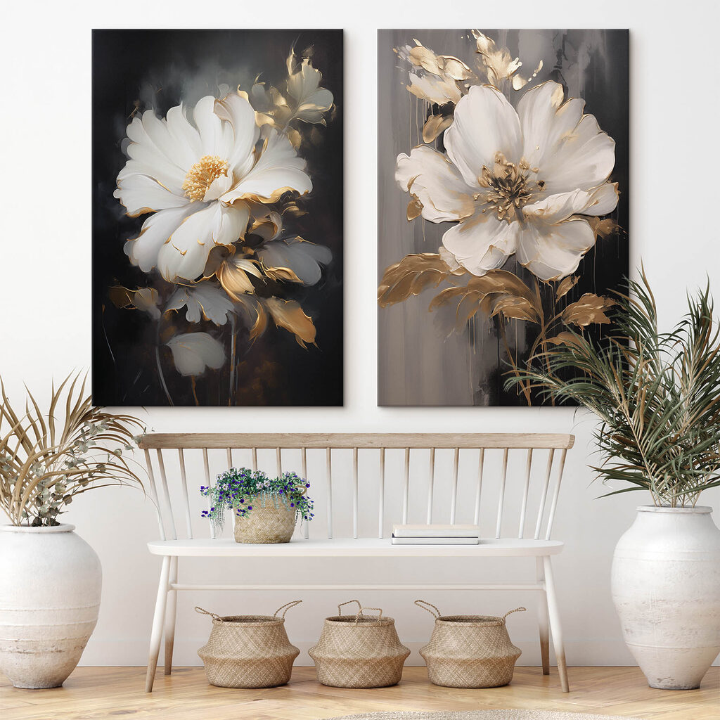 Two paintings of flowers on a black background Two paintings of flowers on a black background