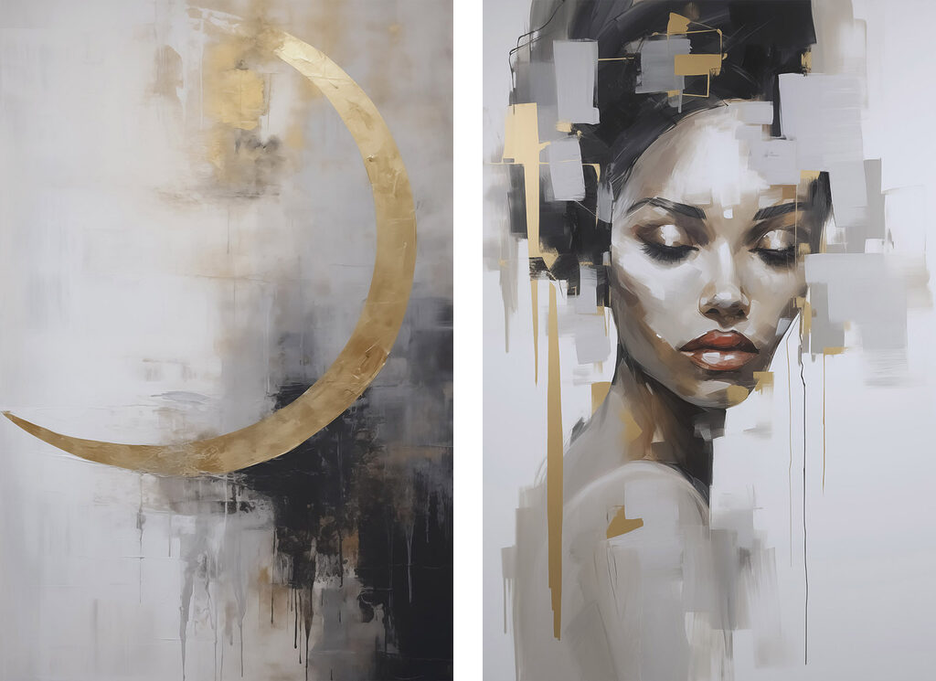 Painting of a woman and a painting of a moon Painting of a woman and a painting of a moon