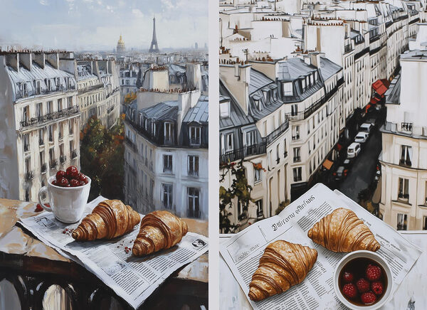 Painting of a city with a croissant and a cup of fruit Painting of a city with a croissant and a cup of fruit