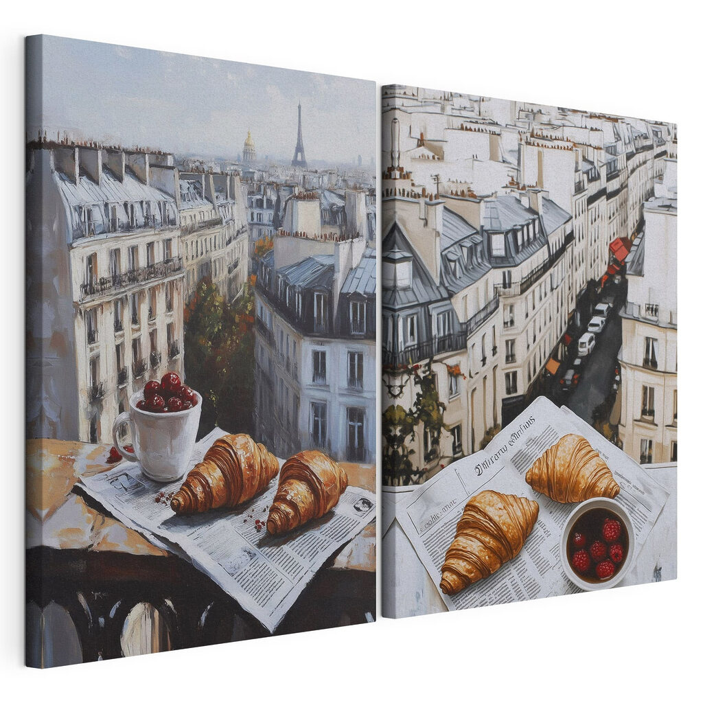 Painting of a city with a croissant and a cup of fruit Painting of a city with a croissant and a cup of fruit