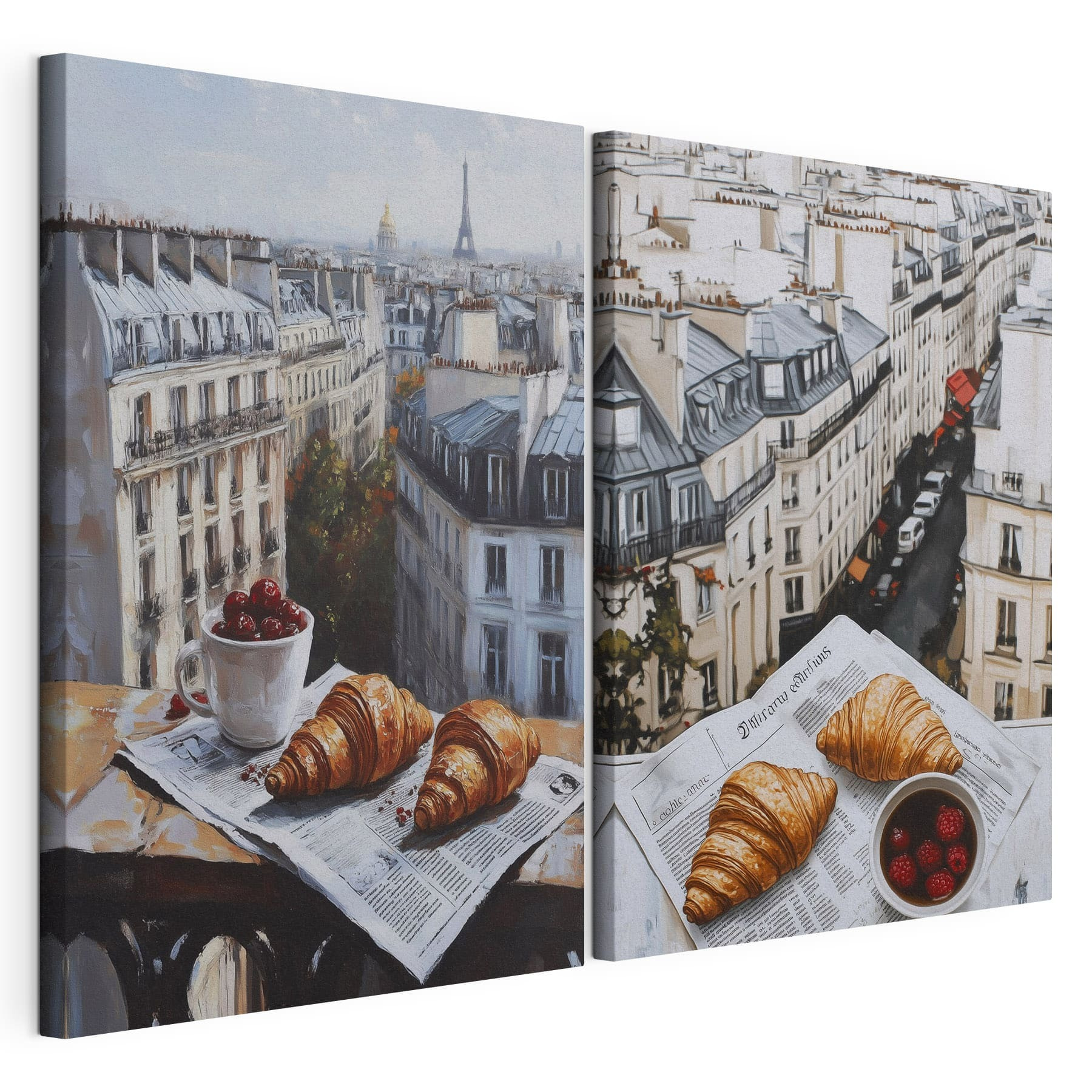 Painting of a city with a croissant and a cup of fruit Painting of a city with a croissant and a cup of fruit