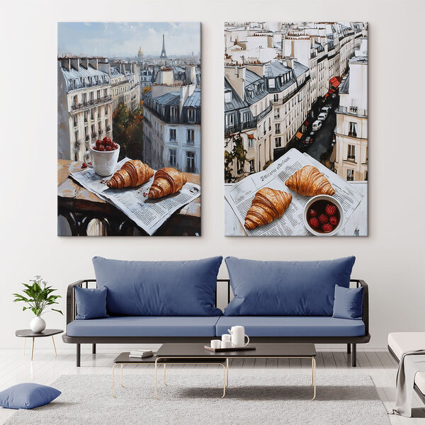 Painting of a city with a croissant and a cup of fruit Painting of a city with a croissant and a cup of fruit