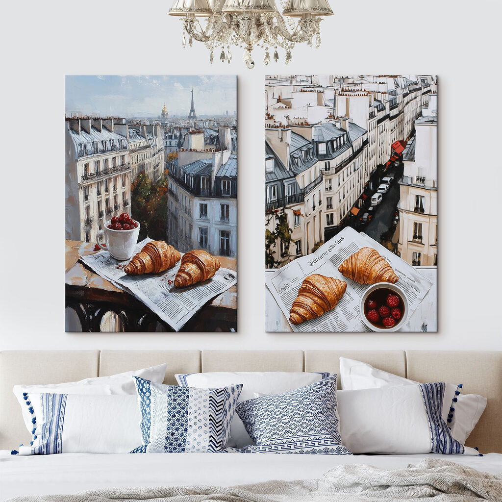 Painting of a city with a croissant and a cup of fruit Painting of a city with a croissant and a cup of fruit