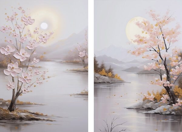 Painting of a river and a tree with pink flowers