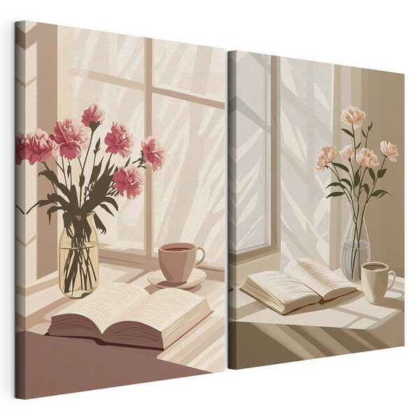 Eine Vase mit Blumen und ein Buch auf der Fensterbank Modularer Leinwanddruck Eine Vase mit Blumen und ein Buch auf der Fensterbank