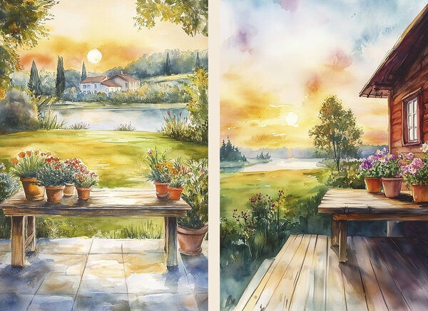 Watercolor painting of a house and a table with flowers