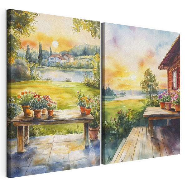 Modularer Leinwanddruck Aquarellbild eines Hauses und eines Tisches mit Blumen