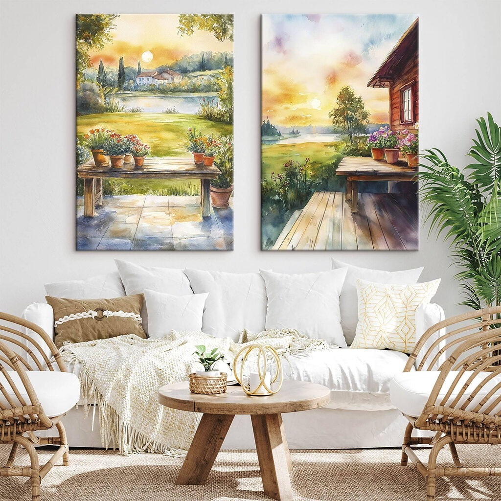 Watercolor painting of a house and a table with flowers