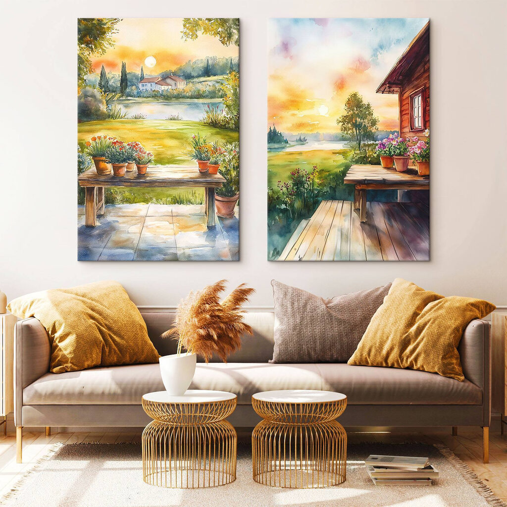 Watercolor painting of a house and a table with flowers