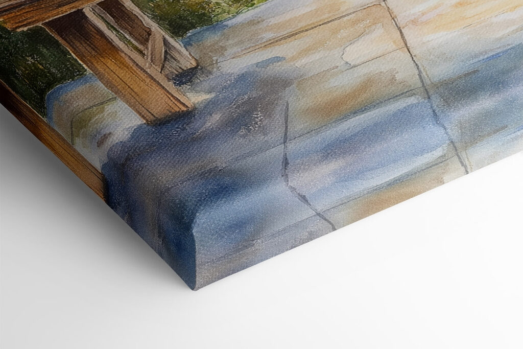 Watercolor painting of a house and a table with flowers