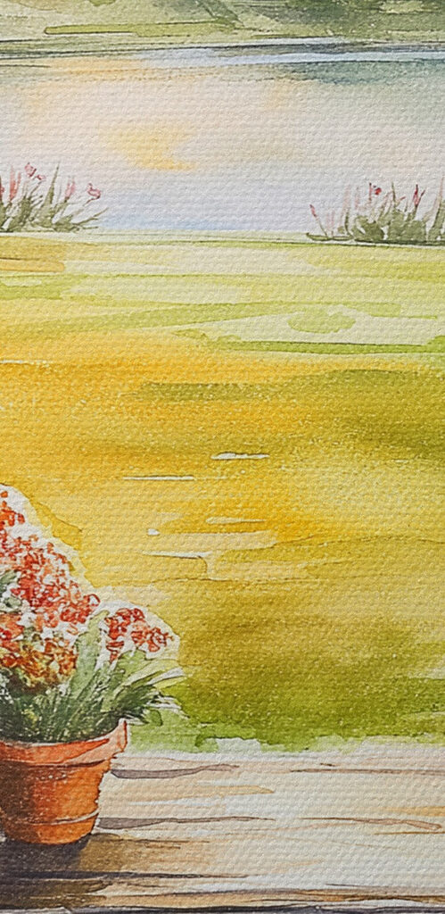 Watercolor painting of a house and a table with flowers