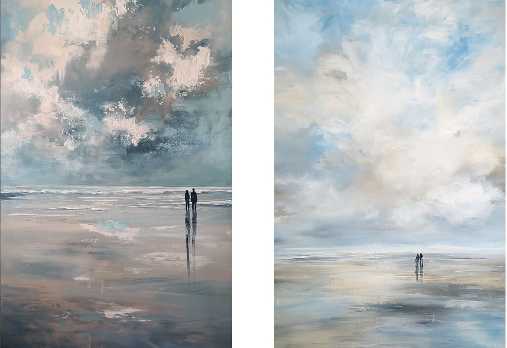 Painting of people walking on a beach Painting of people walking on a beach