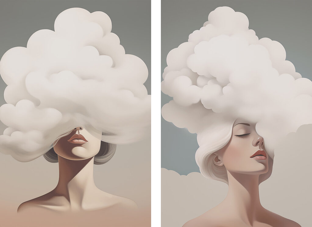 Woman with white hair and clouds on her head Woman with white hair and clouds on her head