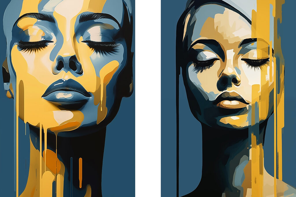 Woman's face with yellow paint dripping from her face