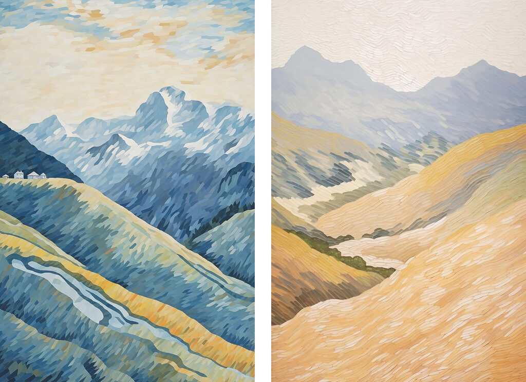 Painting of mountains and a river Painting of mountains and a river