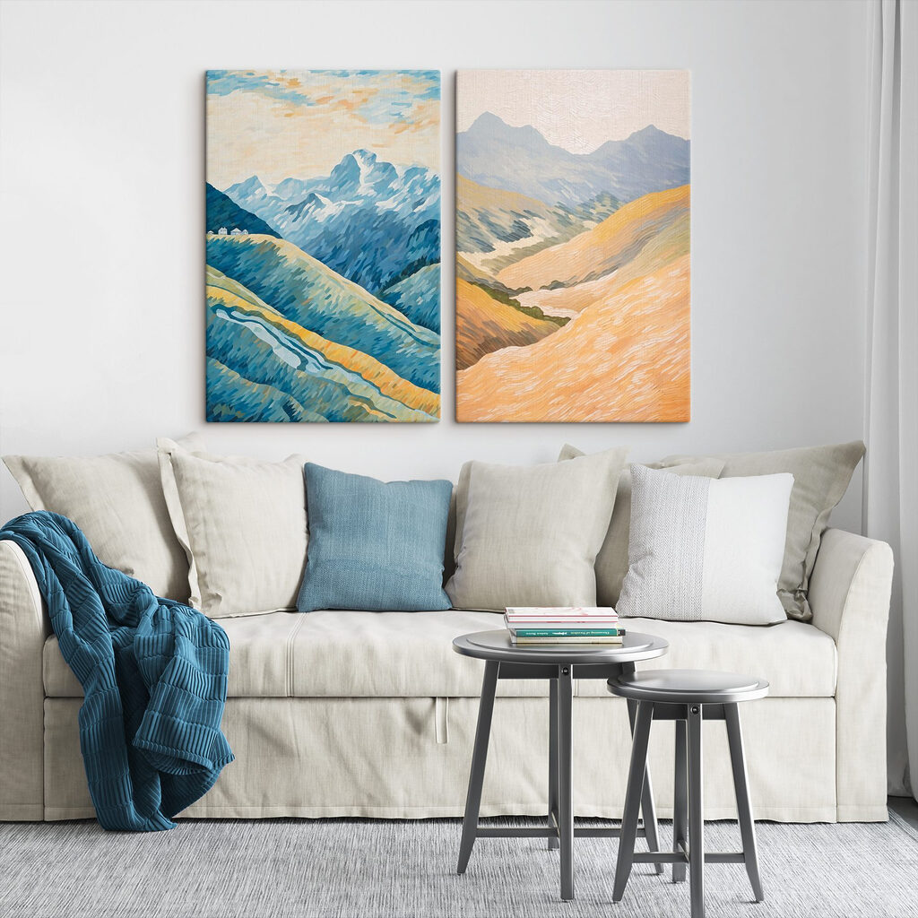 Painting of mountains and a river Painting of mountains and a river