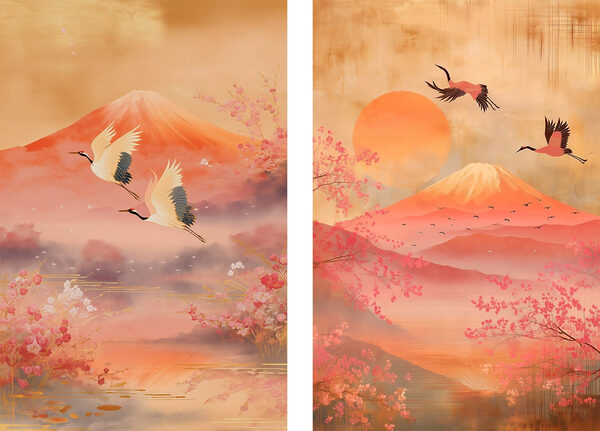 Two images of a mountain and a lake