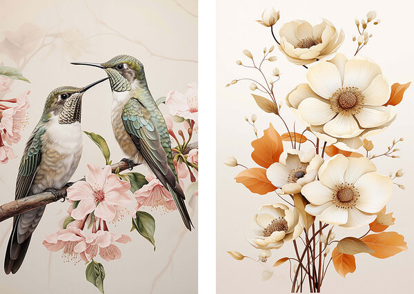 Two birds on a branch with flowers