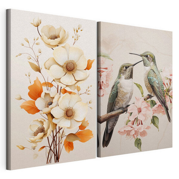 Zwei Vögel auf einem Ast mit Blumen Modularer Leinwanddruck Zwei Vögel auf einem Ast mit Blumen