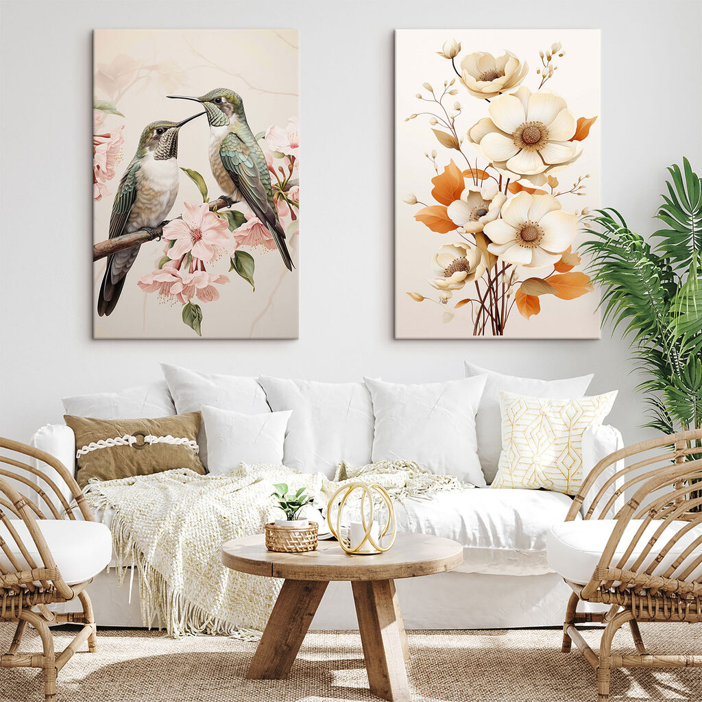 Two birds on a branch with flowers