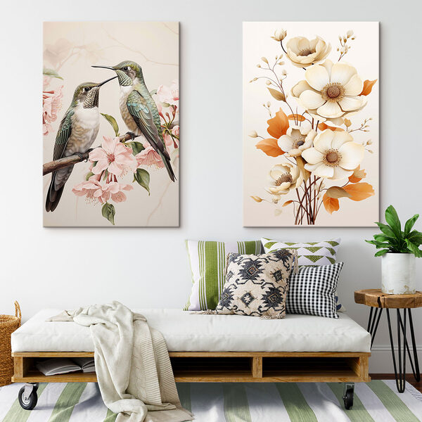 Two birds on a branch with flowers