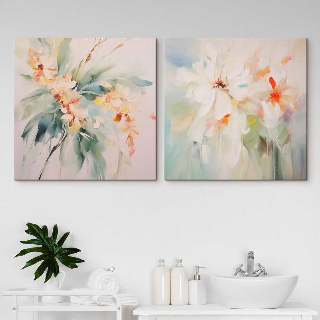 Two paintings of flowers on a white surface