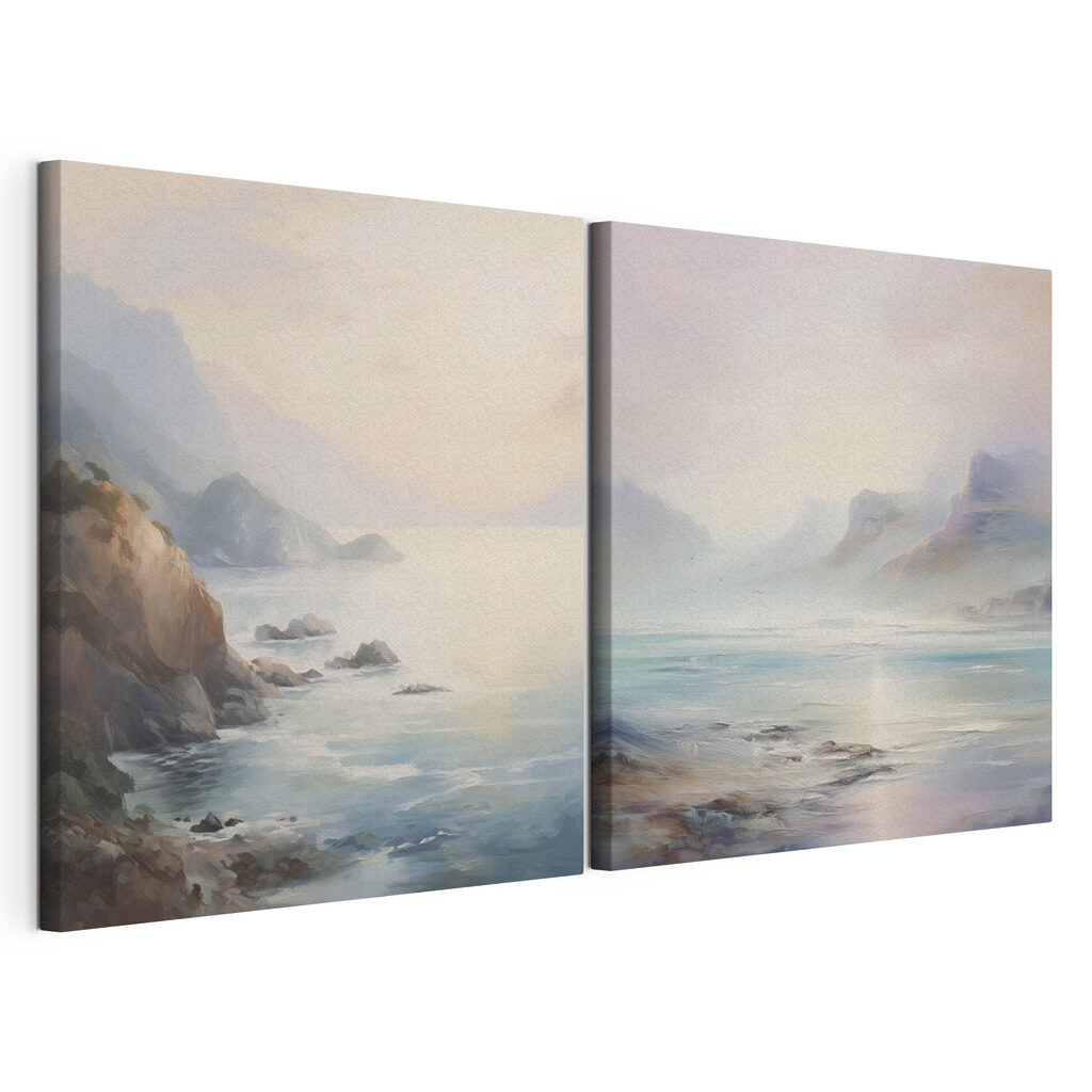 Painting of a beach and a rocky beach