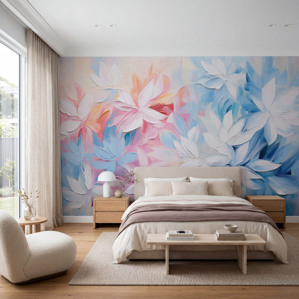 Gemälde von Blumen mit weißen und blauen Blättern Gemälde von Blumen mit weißen und blauen Blättern