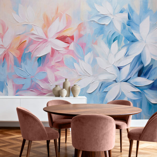 Gemälde von Blumen mit weißen und blauen Blättern Gemälde von Blumen mit weißen und blauen Blättern