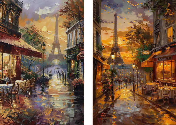 Painting of a street with a tower in the background Painting of a street with a tower in the background