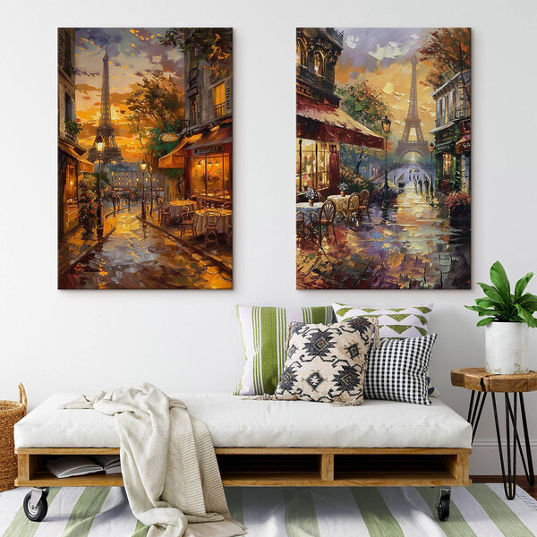 Painting of a street with a tower in the background Painting of a street with a tower in the background