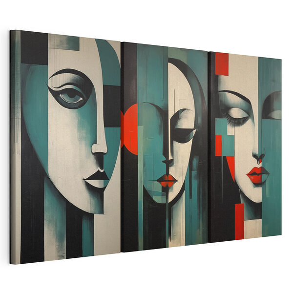 Collage aus Gemälden, die das Gesicht einer Frau zeigen Modularer Leinwanddruck Collage aus Gemälden, die das Gesicht einer Frau zeigen
