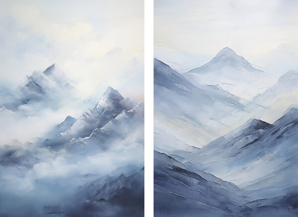 Painting of mountains in fog Painting of mountains in fog