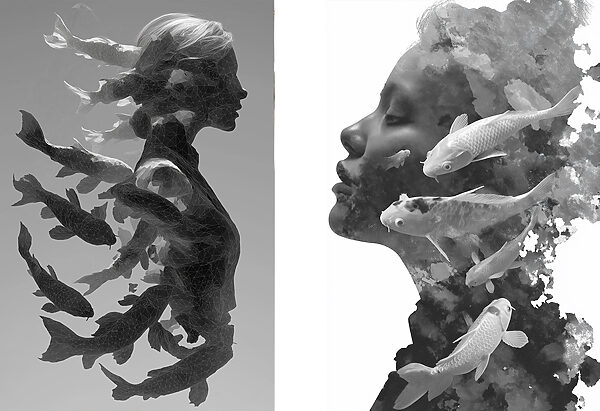 Woman's profile with fish and water