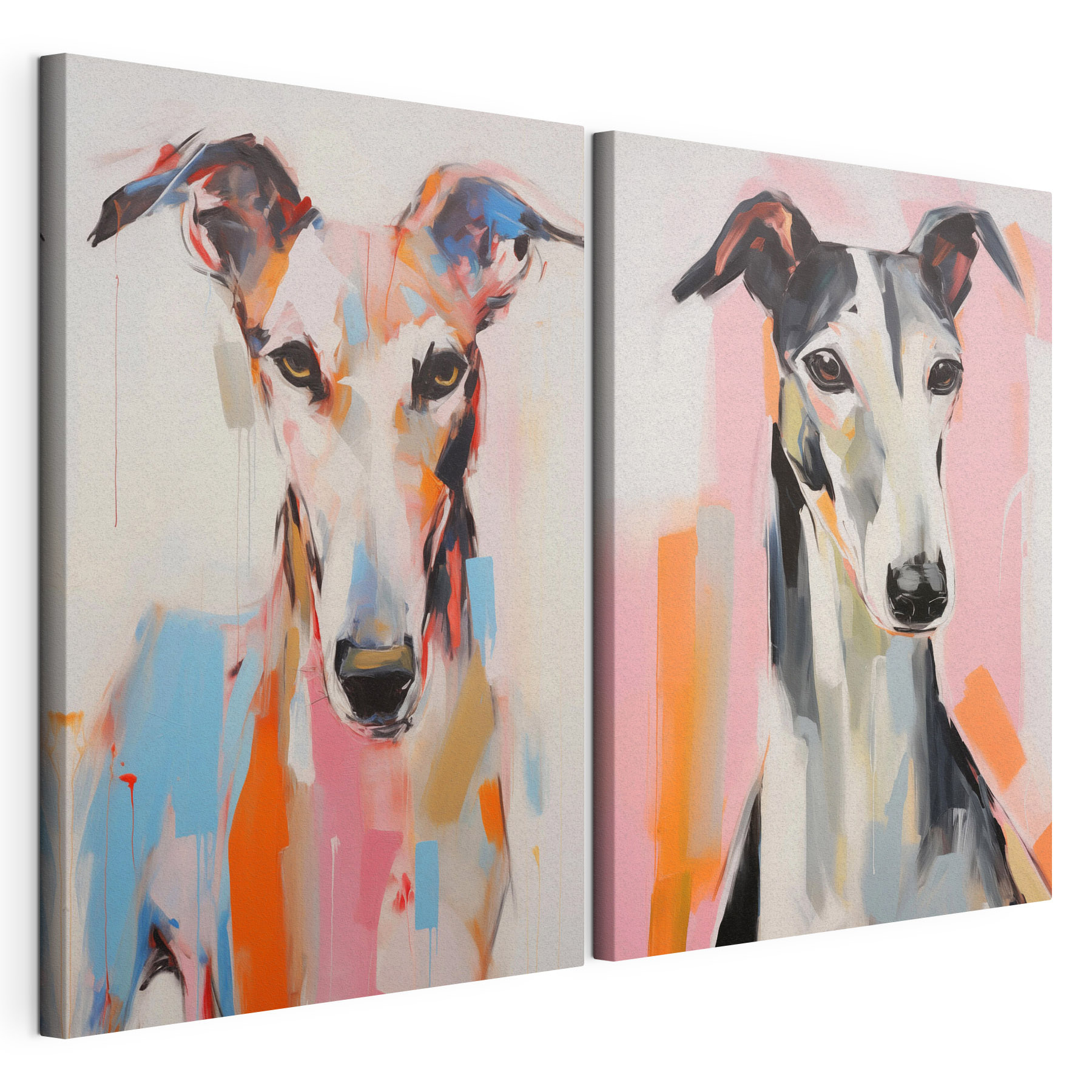 Two paintings of dogs on a wall Two paintings of dogs on a wall