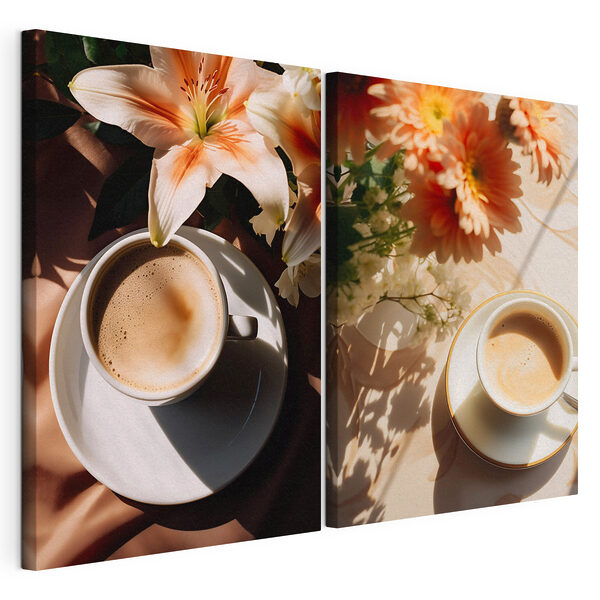 Modularer Leinwanddruck Eine Tasse Kaffee mit Blumen