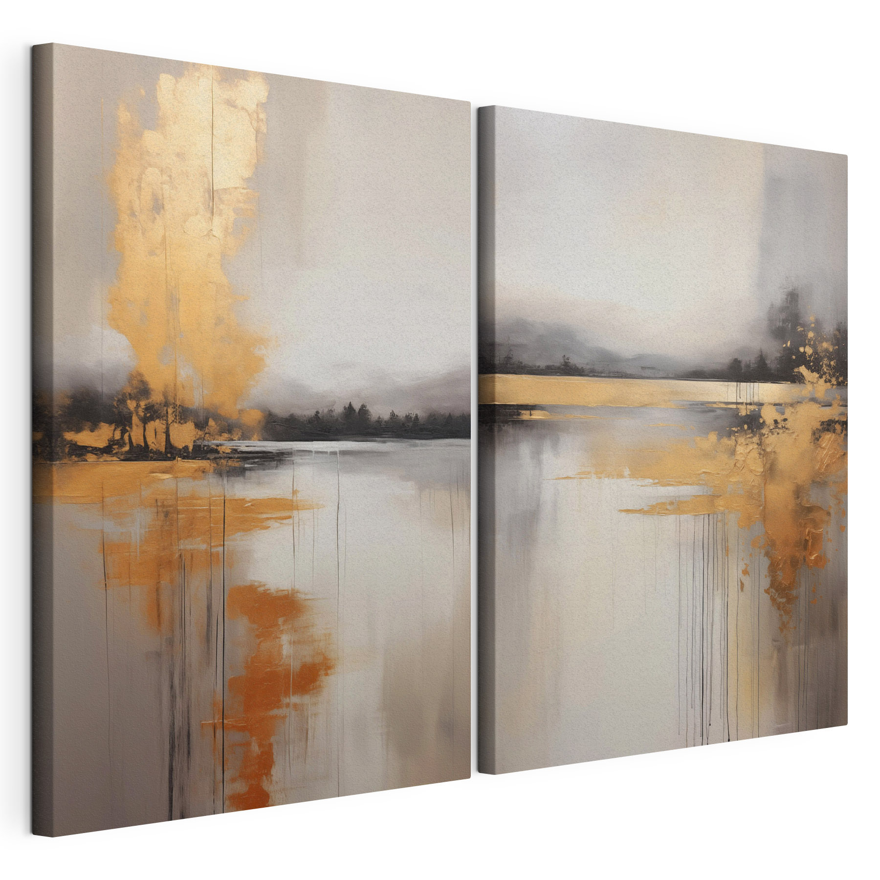 Painting of a lake and a foggy landscape Painting of a lake and a foggy landscape
