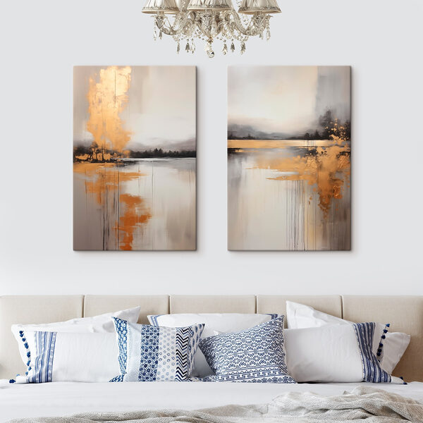 Painting of a lake and a foggy landscape Painting of a lake and a foggy landscape