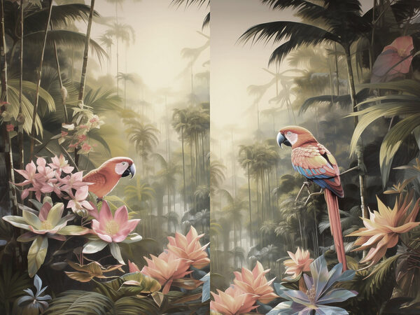 Couple of parrots on a tree branch in a forest