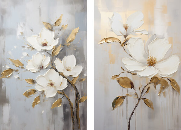 Two paintings of flowers on a gray background Two paintings of flowers on a gray background