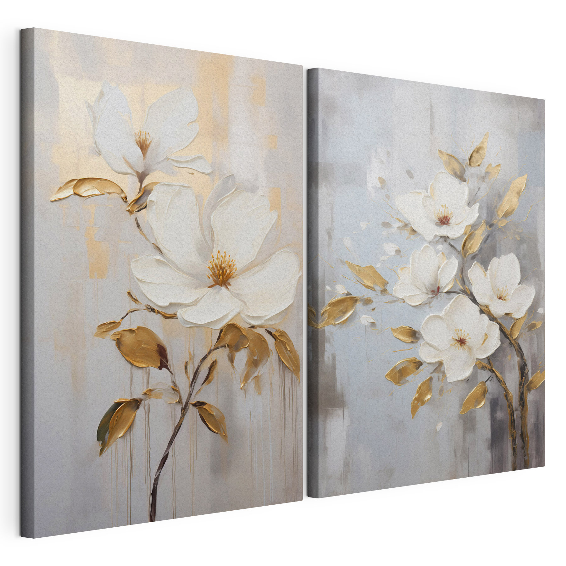 Two paintings of flowers on a gray background Two paintings of flowers on a gray background