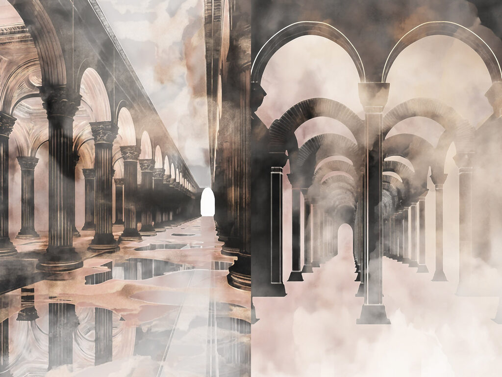 Collage of a hallway with columns and a puddle of water Collage of a hallway with columns and a puddle of water