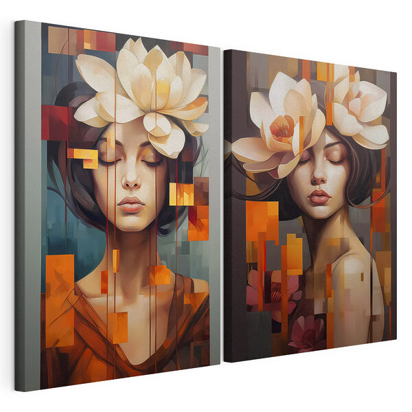 Collage einer Frau mit Blumen im Haar Modularer Leinwanddruck Collage einer Frau mit Blumen im Haar