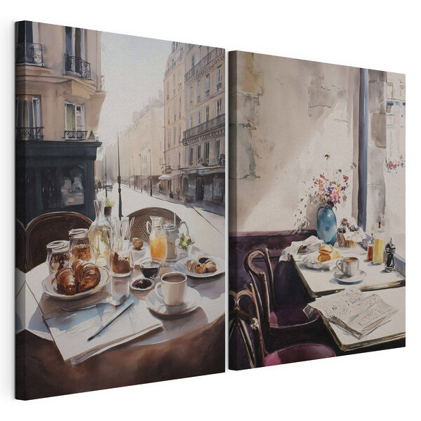 Aquarellbild eines Tisches mit Speisen und Getränken darauf Modularer Leinwanddruck Aquarellbild eines Tisches mit Speisen und Getränken darauf