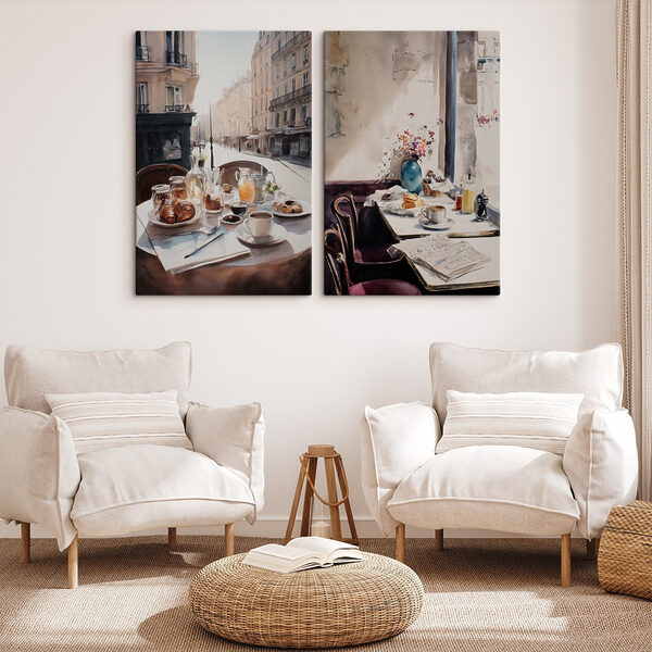Watercolor painting of a table with food and drinks on it Watercolor painting of a table with food and drinks on it
