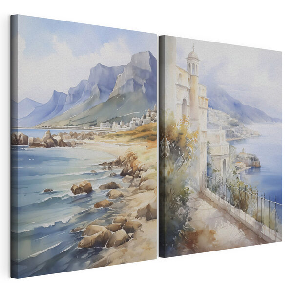 Modularer Leinwanddruck Aquarellbild einer Stadt und eines Strandes